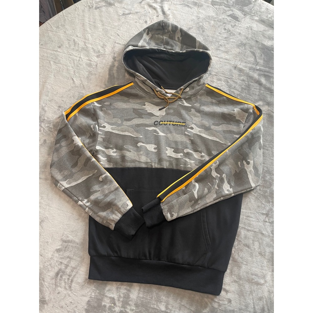 Urban ID Mens‎ Camo Hoodie Black Gray Couture Yellow Stripe Streetwear Medium